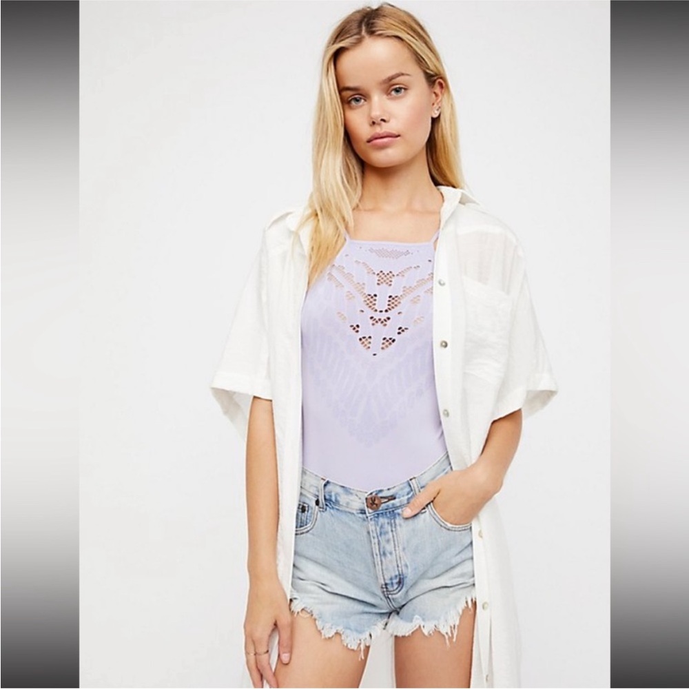 NEW Free People High Neck Bodysuit NWOT Solstice Lasercut Purple Intimat…
